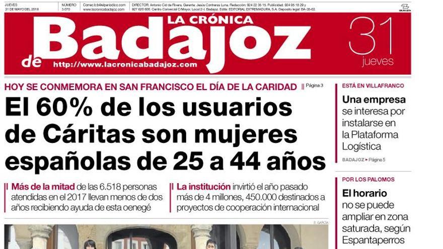 Esta es la portada de LA CRÓNICA DE BADAJOZ correspondiente al día 31 de mayo del 2018