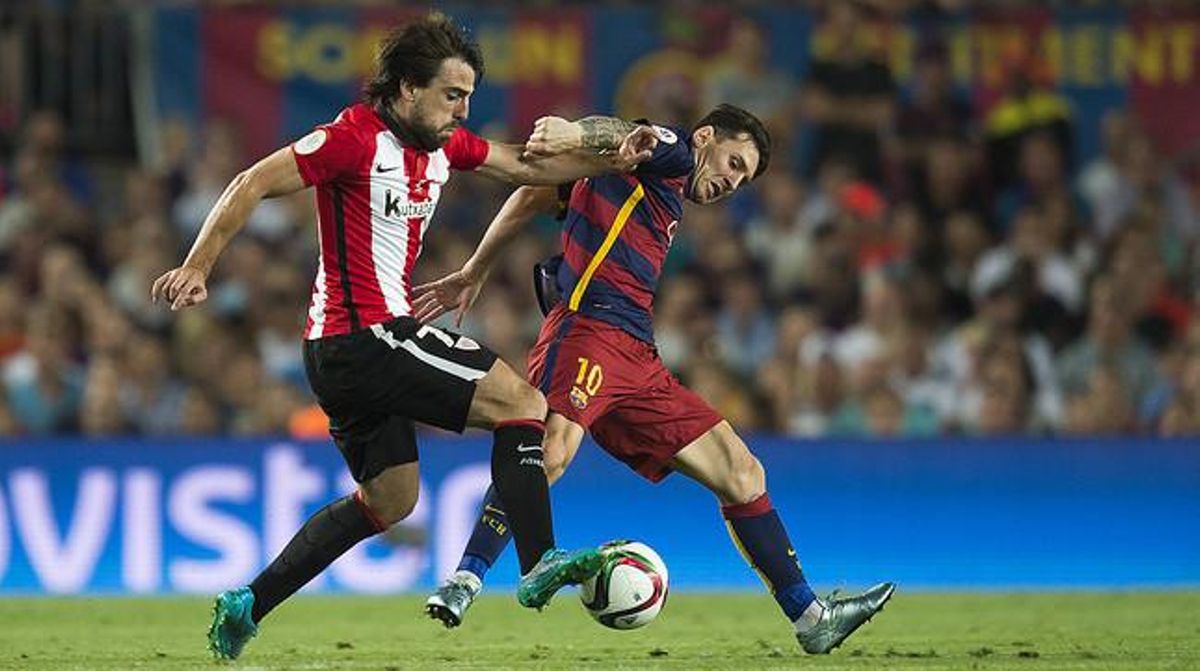 Beñat impedeix l’avanç de Messi durant el partit de tornada de la Supercopa d’Espanya al Camp Nou. Beñat impedeix l’avanç de Messi durant el partit de tornada de la Supercopa d’Espanya al Camp Nou.