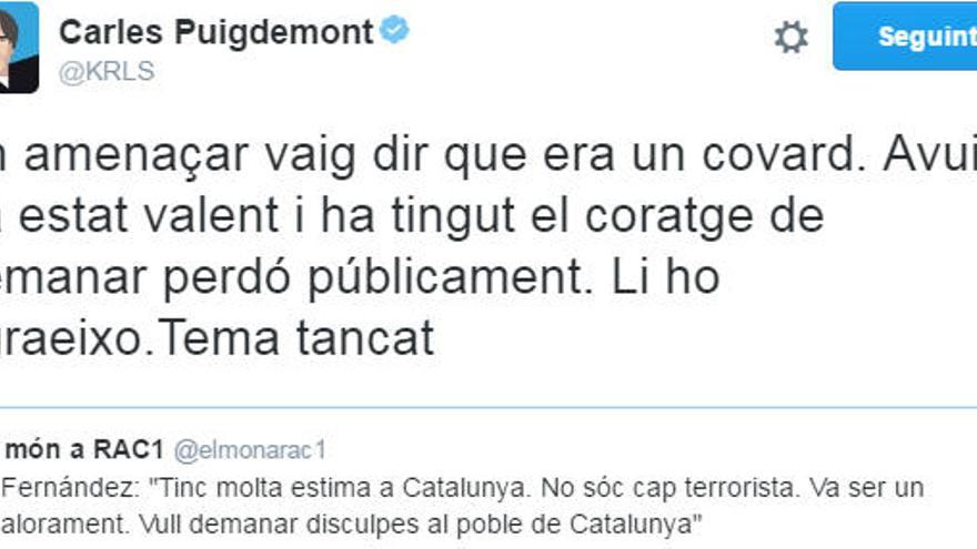 L&#039;home que va amenaçar Puigdemont per Facebook li demana disculpes