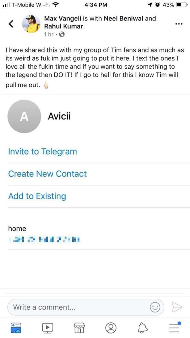 Max Vangeli publica en Facebook el teléfono de Avicii