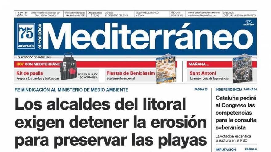 Los alcaldes del litoral exigen frenar la erosición para preservar las playas, en la portada de el Periódico Mediterráneo