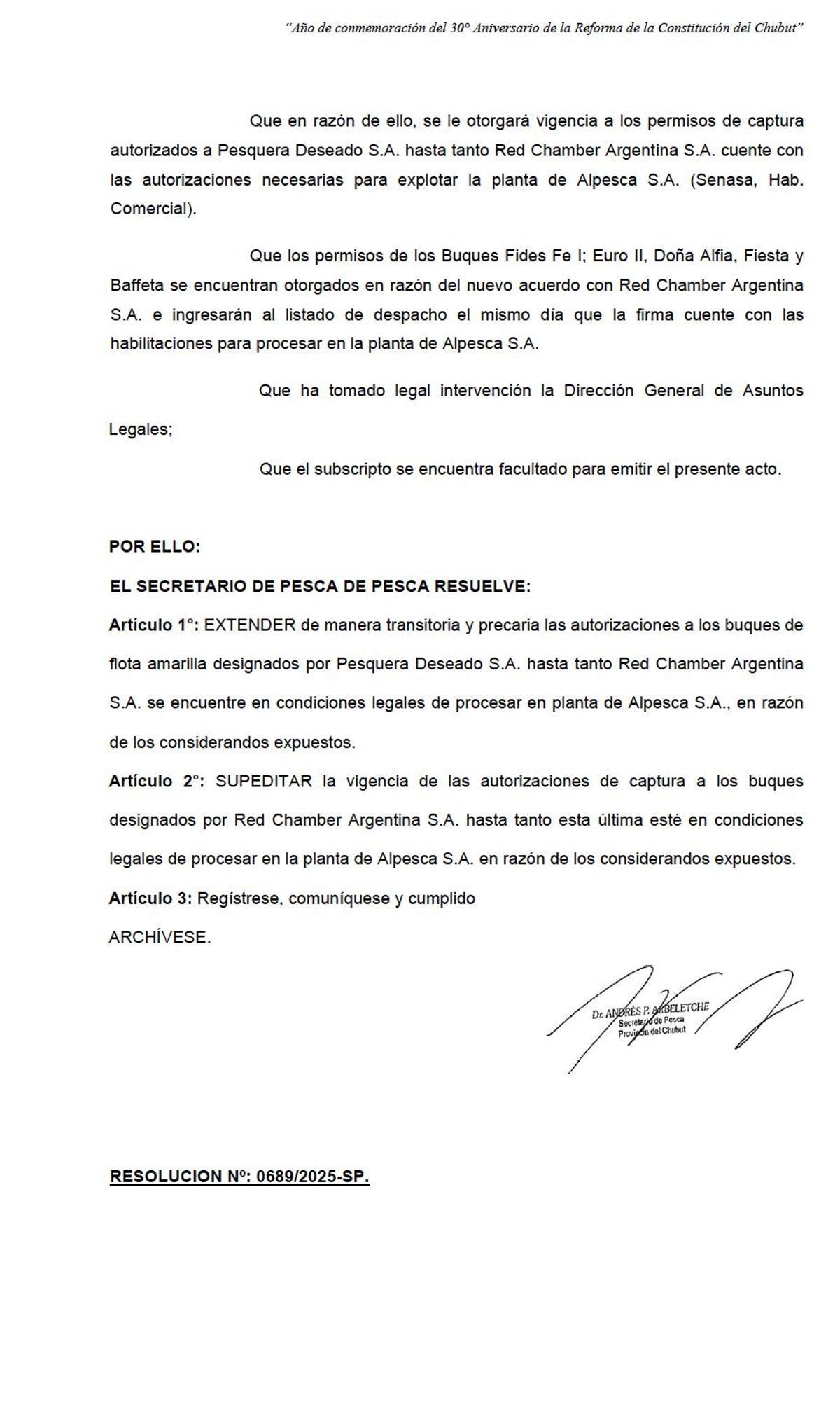 Resolución del gobierno de Chubut