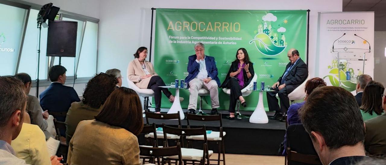 Por la izquierda, María Fernández, Juan Francisco Ciriza, Janet Gutiérrez y Roberto Parra, en la mesa de debate en la que participaron en AgroCarrio. | A. Velasco