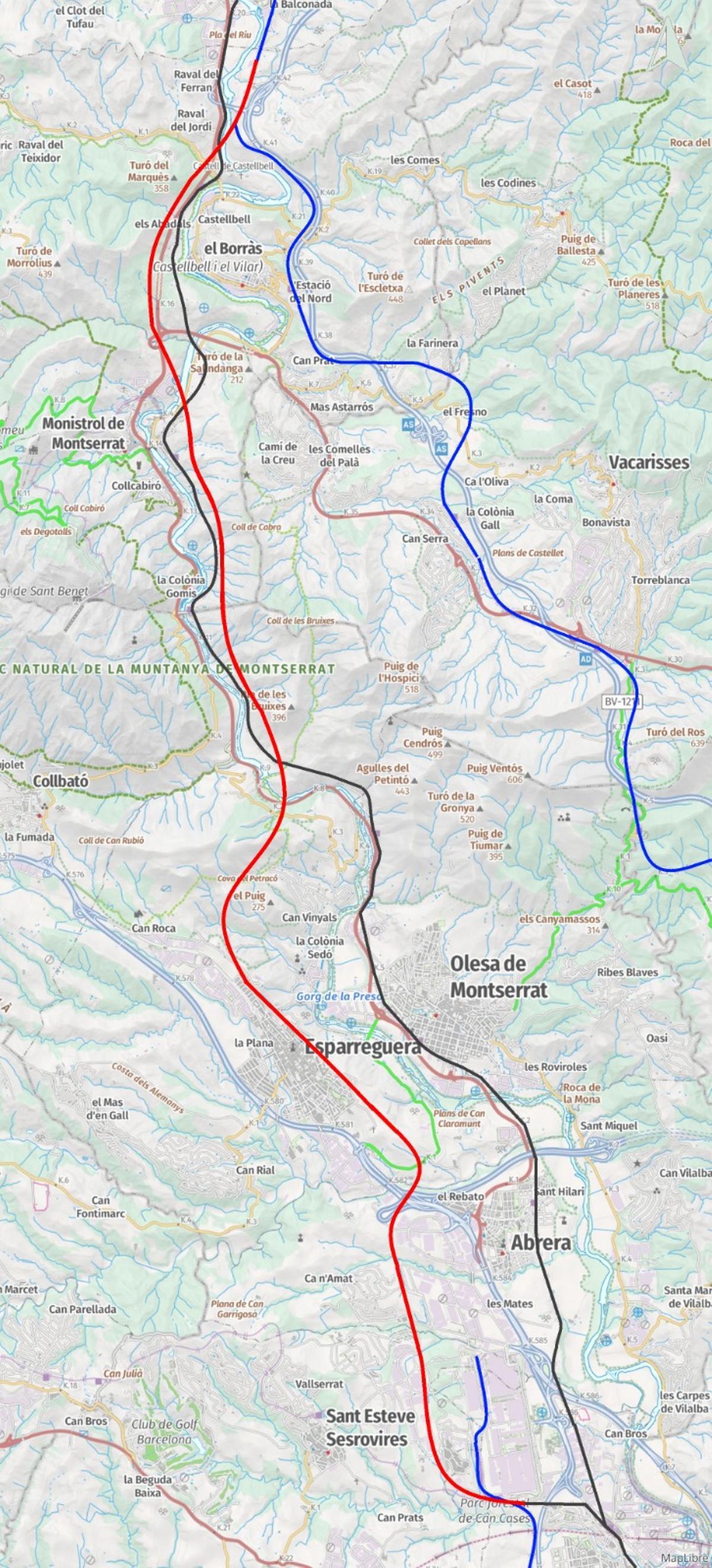 Proposta de nou corredor ferroviari (en vermell) respecte les línies d'FGC (en negre) i Renfe (blau)