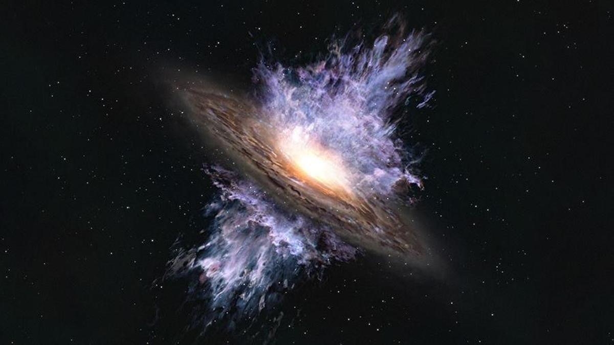 Impresión artística de un viento galáctico impulsado por un agujero negro supermasivo ubicado en el centro de una galaxia.