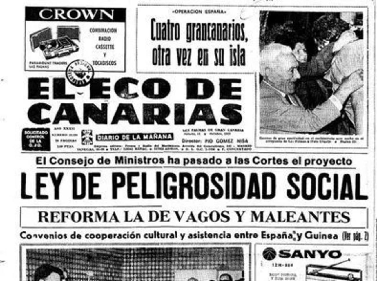 Portada de ‘El Eco de Canarias’ de 1954 donde se recoge la reforma de la Ley de Vagos y Maleantes que incluía a homosexuales.jpeg