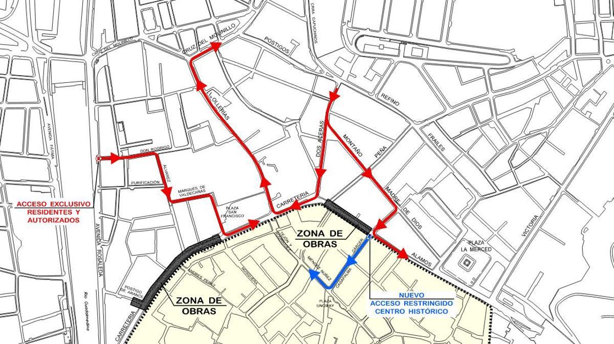 Mapa con los cambios de circulación en el eje Carretería-Álamos a partir del 10 de octubre.