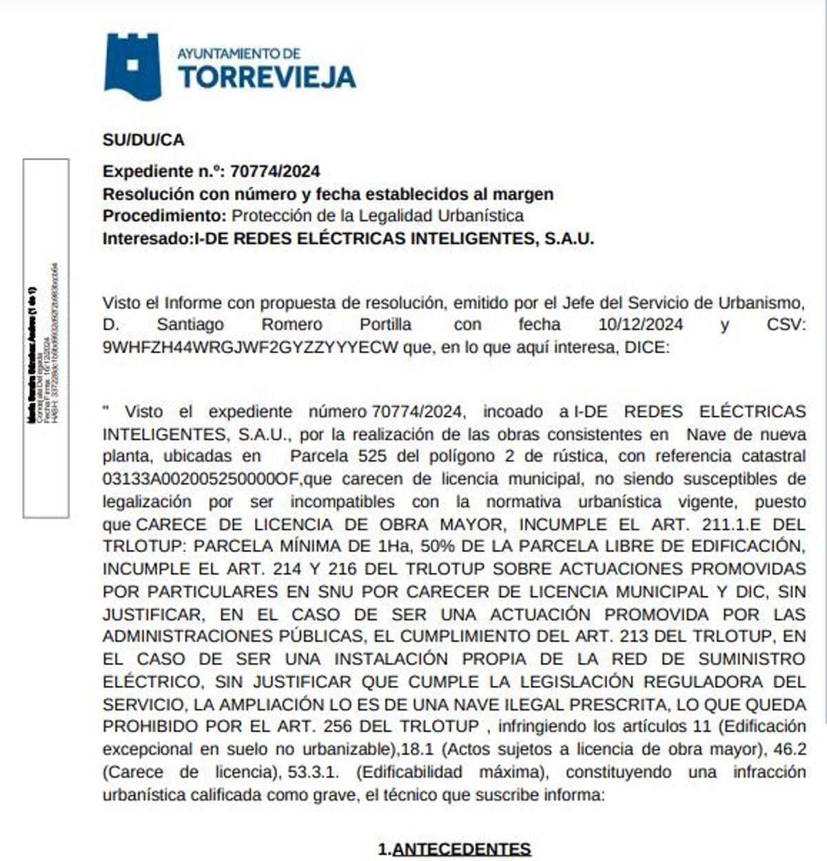 Extracto del decreto con la orden de demolición