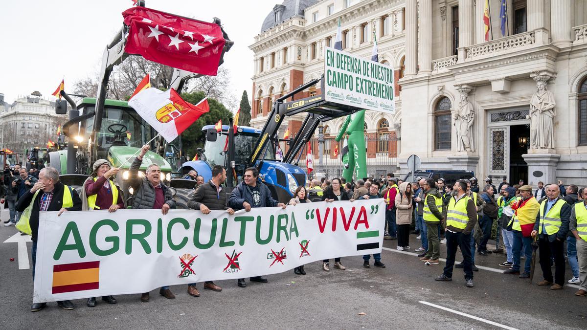 Varios tractores a su llegada al Ministerio de Agricultura durante una protesta de agricultores y ganaderos, a 15 de febrero de 2024, en Madrid (España).