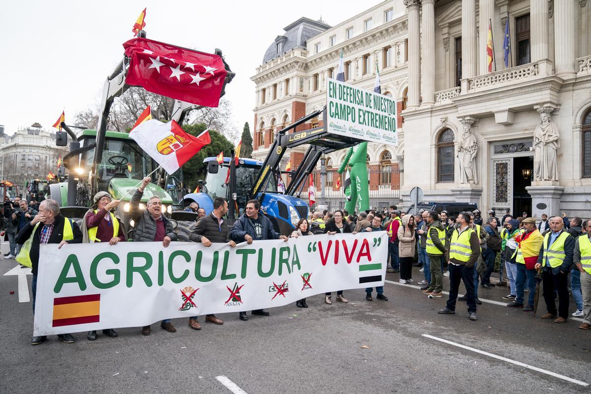Varios tractores a su llegada al Ministerio de Agricultura durante una protesta de agricultores y ganaderos, a 15 de febrero de 2024, en Madrid (España).