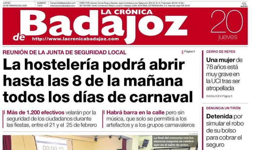 Esta es la portada de LA CRÓNICA DE BADAJOZ correspondiente al día 20 de febrero del 2020