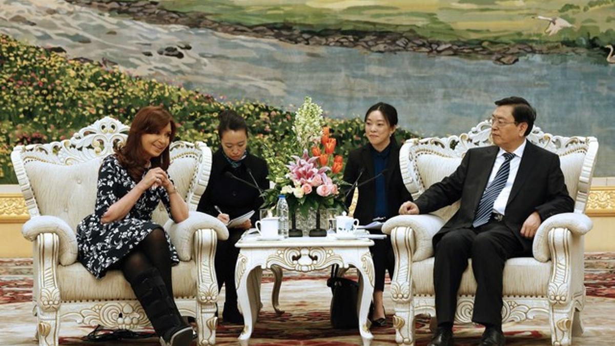 Argentina's President Fernandez de Kirchner speaks to Chairman of the Standing Committee of the NPC Zhang during their meeting at the Great Hall of the People in Beijing