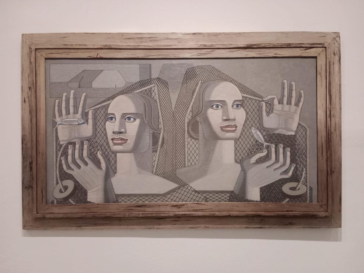 "Pedra Branca" de Bueu, al fondo, que la artista incluyó en el lienzo "Mensaxe do mar".