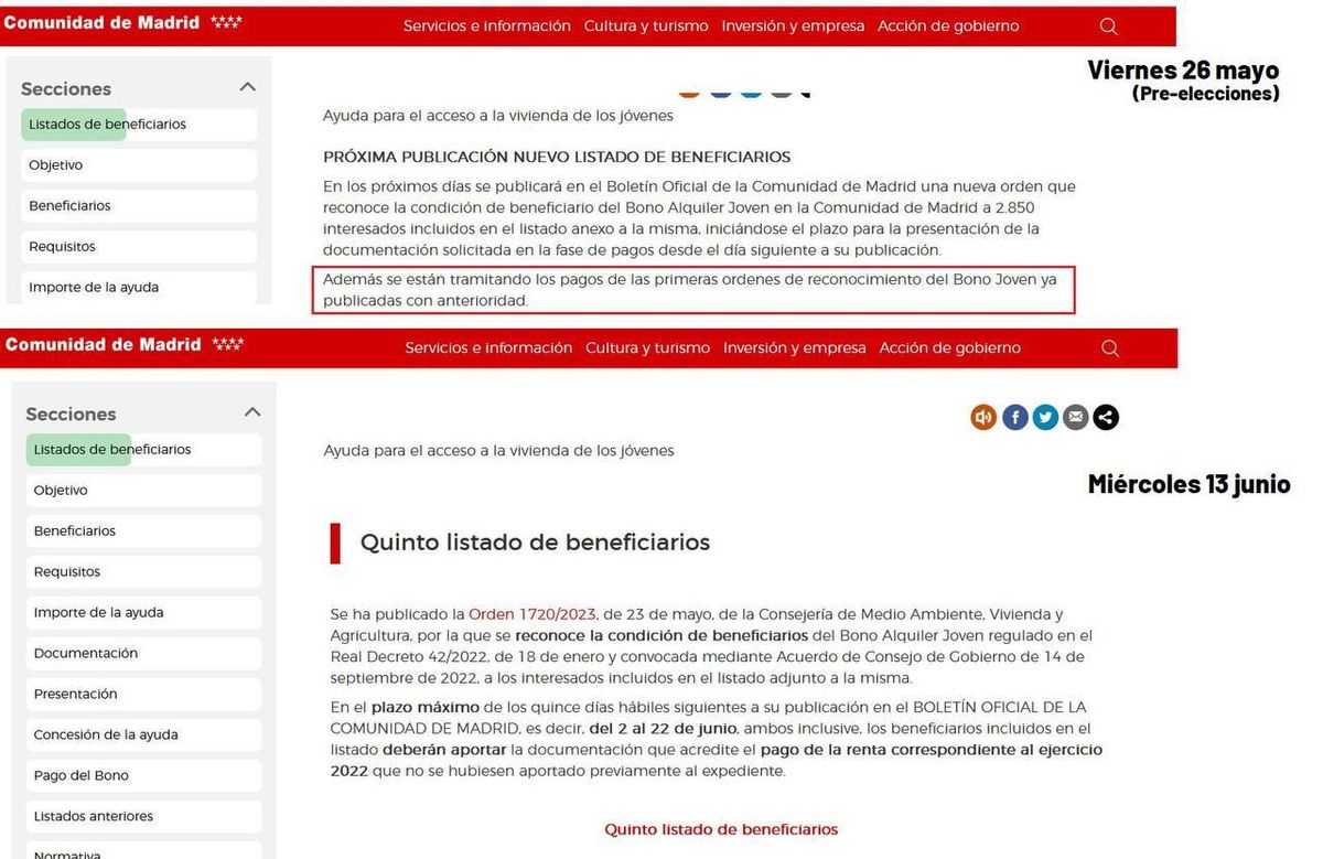 Comparativa de la información publicada en la web de la Comunidad entre el 26 de mayo y el 13 de junio.