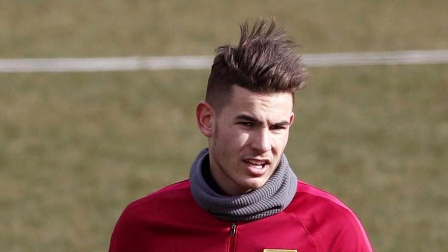 Lucas Hernández, en un entrenamiento con el Atlético.