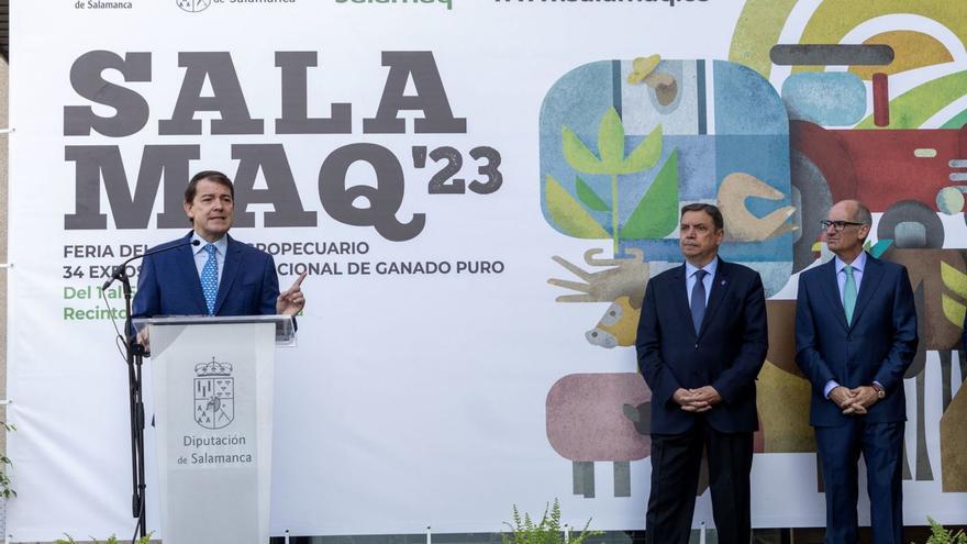 Sobre estas líneas, el presidente  Mañueco, acompañado del Ministro de Agricultura, Luis Planas. Abajo a la izquierda, imagen de la Salamaq. |Susana Martín- Ical
