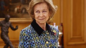 La Reina Sofía durante la audiencia a una representación de la Asociación Internacional de Diplomáticos en España en el Palacio de la Zarzuela este miércoles