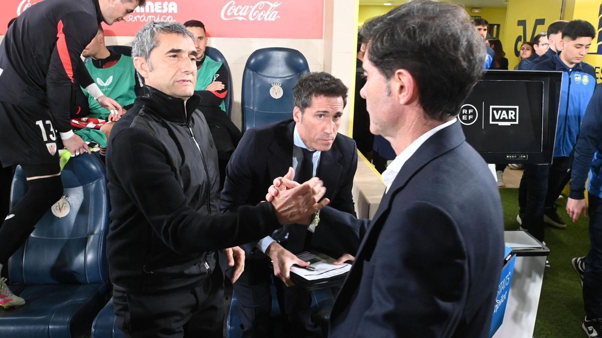 Ernesto Valverde (i) y Marcelino (d), técnicos de Athletic y Villarreal, el pasado 6 de abril en La Cerámica.