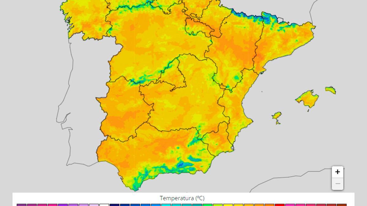 Mapa de calor para el domingo por la tarde en España.