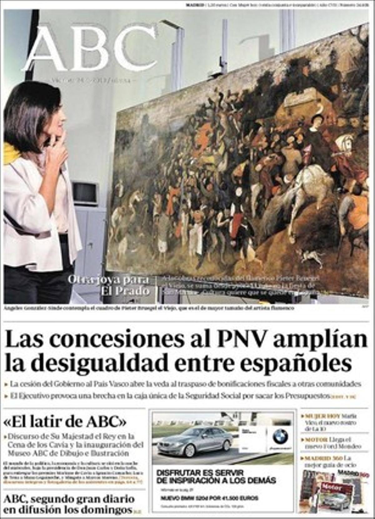 ’Abc’ destaca a dins que el PNB demanarà més transferències competencials per al País Basc per donar el seu suport final als pressupostos generals de l’Estat del 2011 i que el PP portarà davant el jutge els gestors del Banc d’Espanya en la intervinguda Caja Castilla-La Mancha.