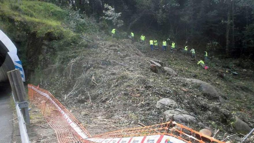 Operarios trabajando en el primer tramo del Corredor do Morrazo, en las inmediaciones del túnel de Montealegre. // Gonzalo Núñez