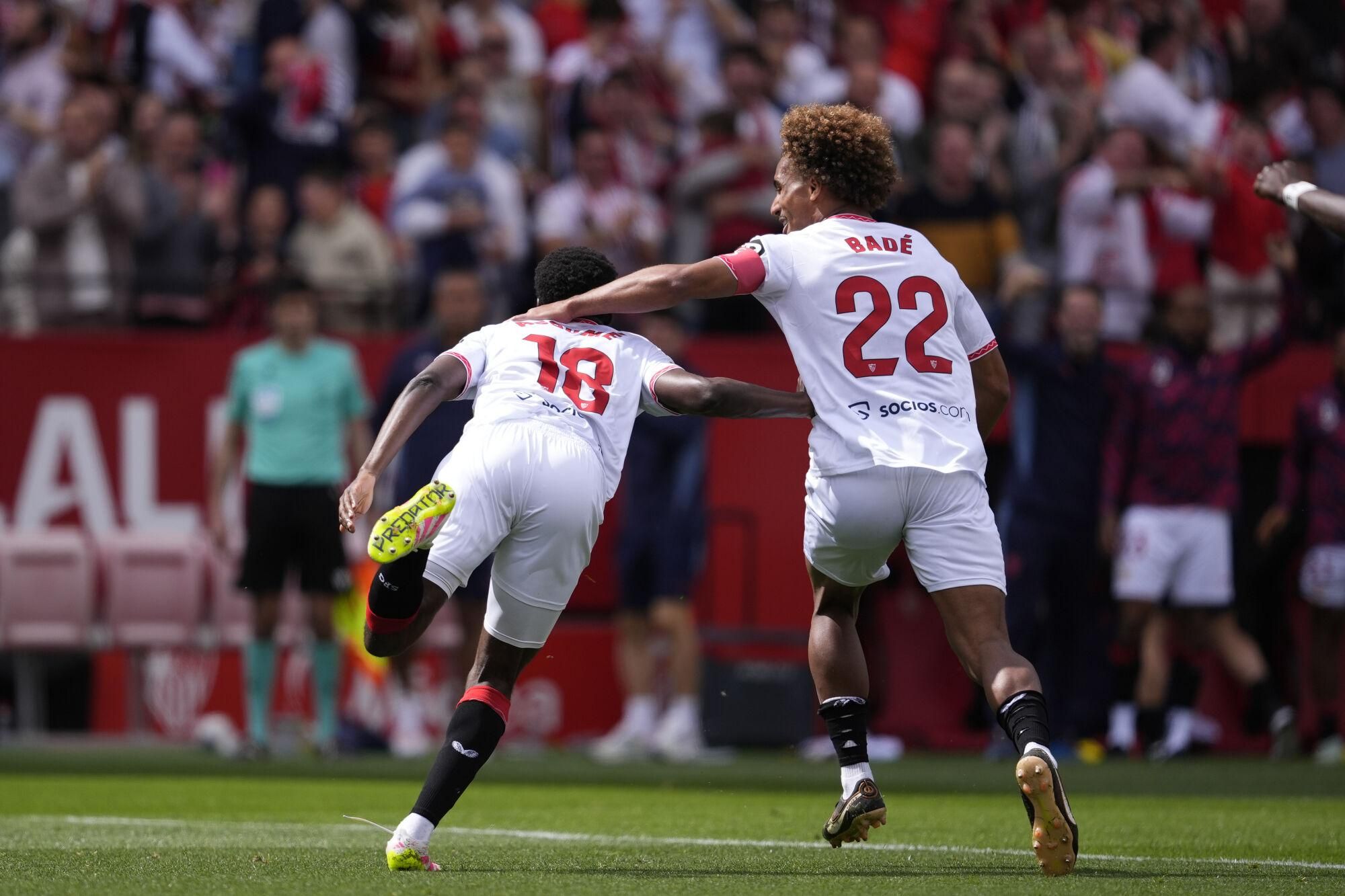 Lucien Agoume of Sevilla FC celebrates a goal during the Spanish League, LaLiga EA Sports, football match played between Sevilla FC and Atletico de Madrid at Ramon Sanchez Pizjuan stadium on April 06, 2025, in Madrid, Spain. AFP7 06/04/2025 ONLY FOR USE IN SPAIN. Joaquin Corchero / AFP7 / Europa Press;2025;SOCCER;SPAIN;SPORT;ZSOCCER;ZSPORT;Sevilla FC v Atletico de Madrid - LaLiga EA Sports;