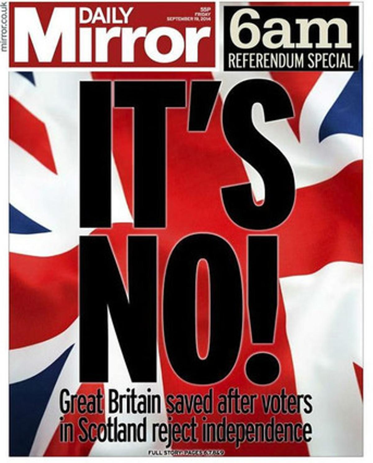 La portada del ’Daily Mirror’ en una edició de les 06.00 del matí.