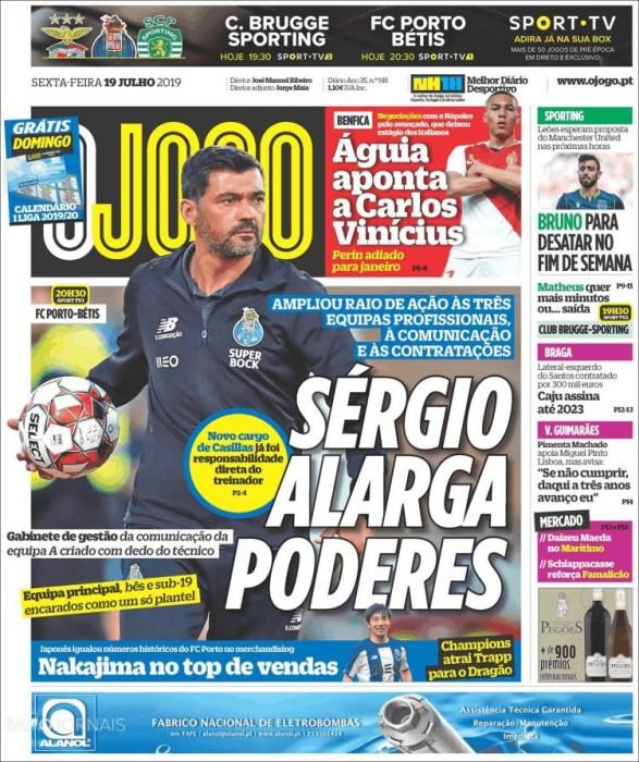 Portada O JOGO viernes 19 julio 2019