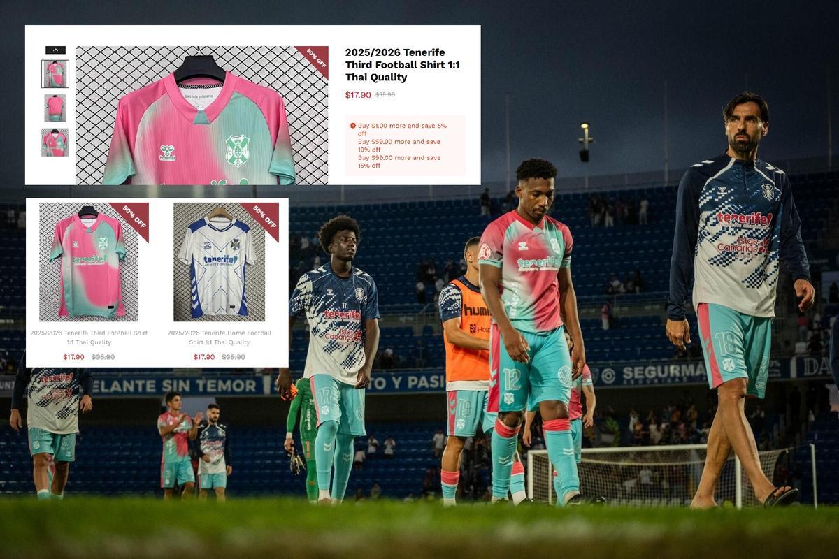 Pruebas de venta ilegal de camisetas y otros artículos oficiales del CD Tenerife. En segundo plano, imagen de los jugadores del representativo.
