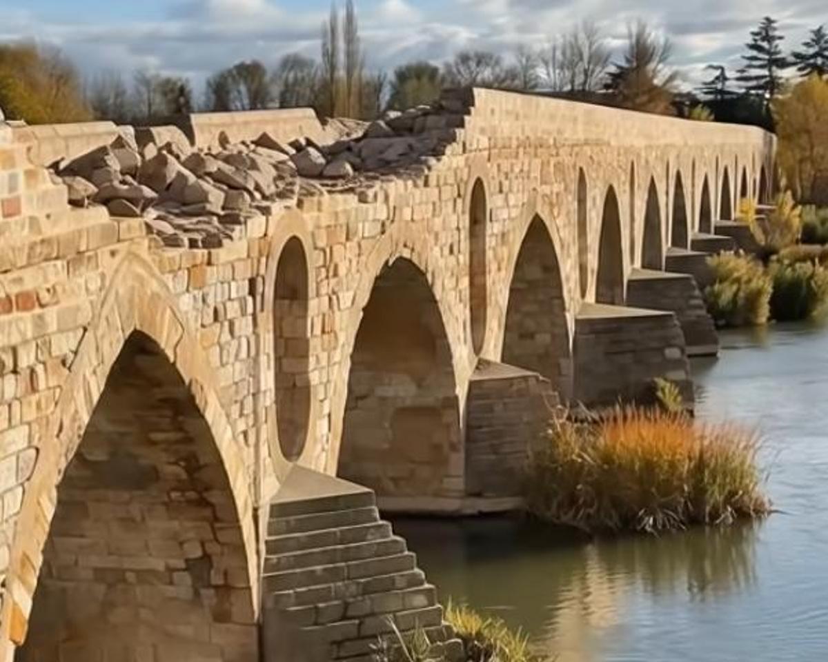 Imagen falsa sobre el Puente de Piedra tras recibir un impacto de un avión.