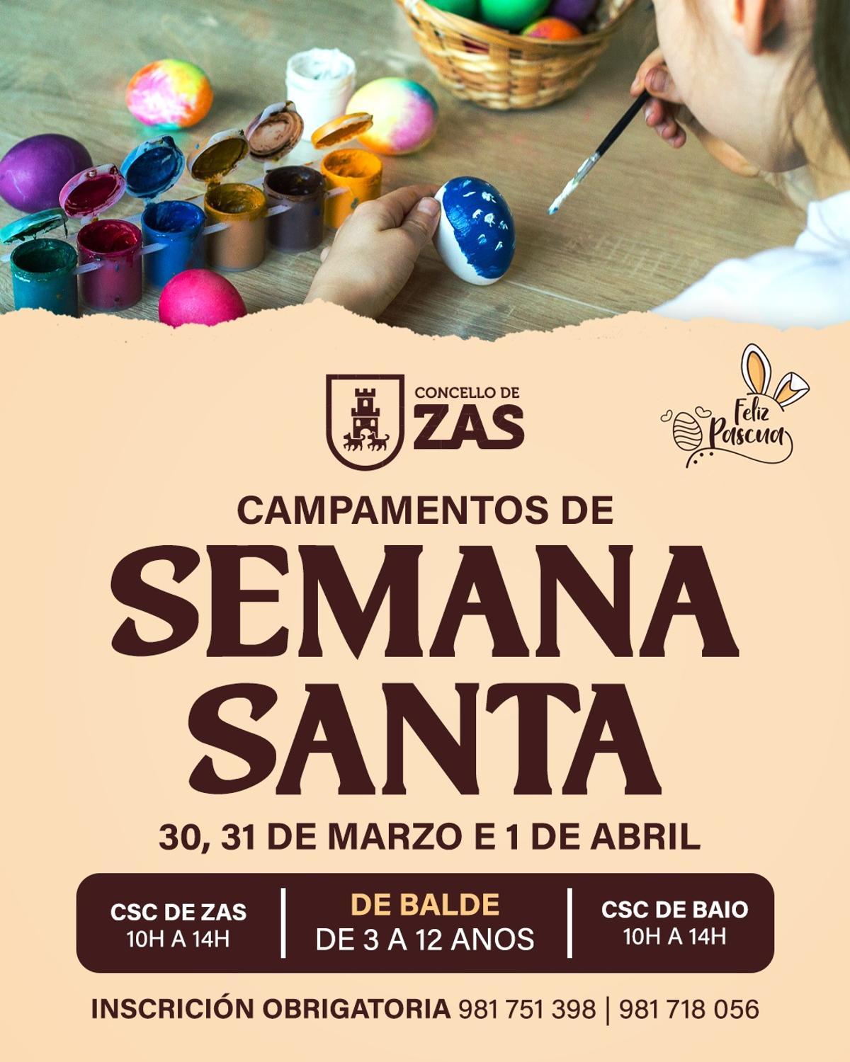 Cartel promocional do campamentos de Semana Santa en Zas.