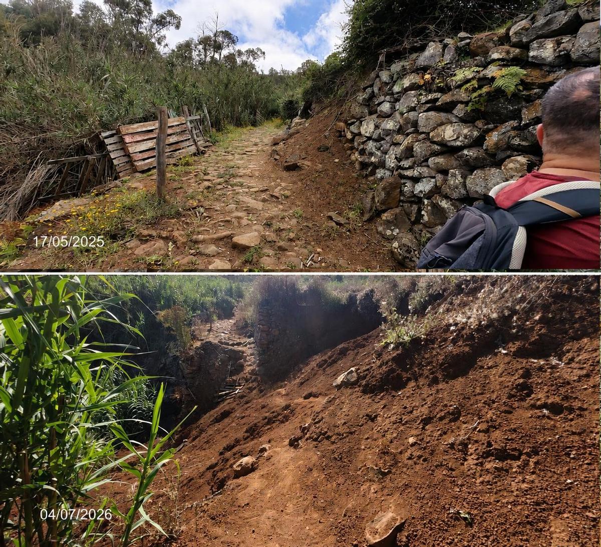 Imagen del antes y del después del sendero que conecta el Trapichillo en Firgas con el Barranco de Azuaje.