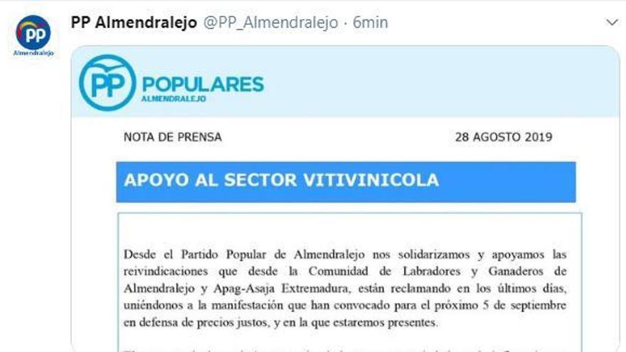 El PP de Almendralejo apoya la protesta contra los bajos precios de la uva