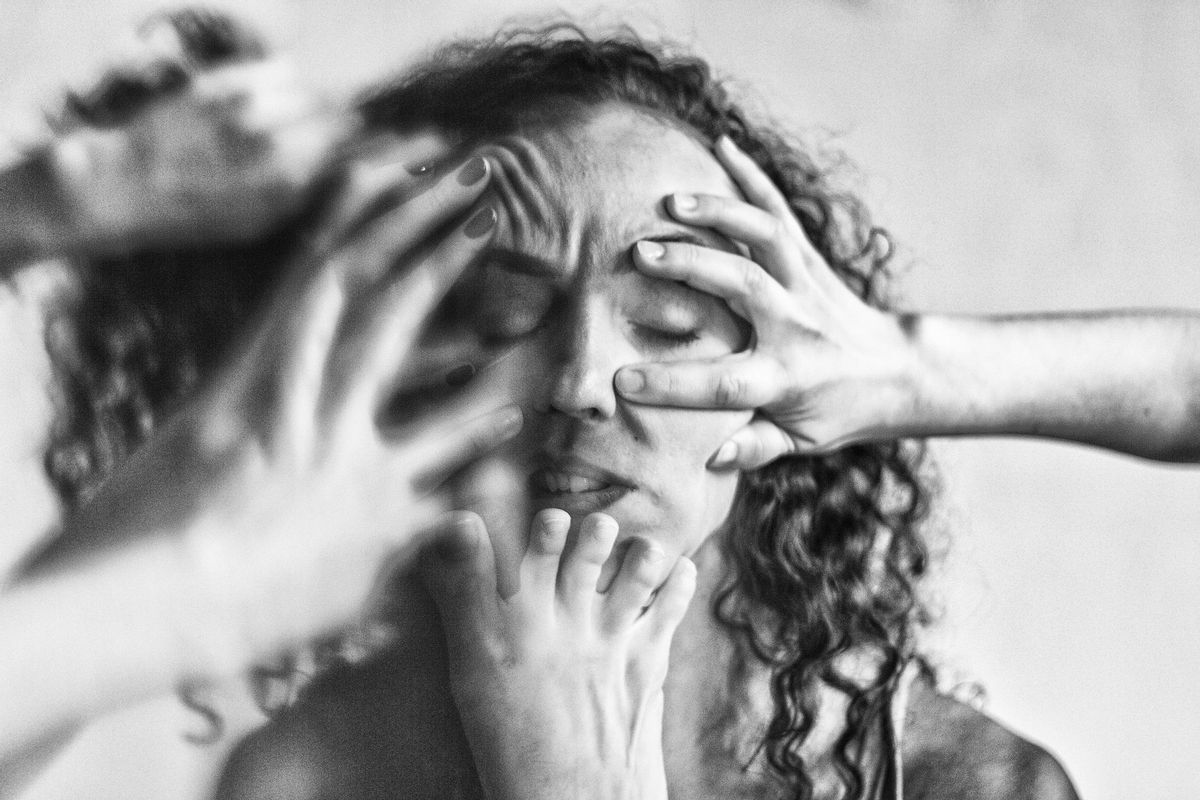 multiple image hands holding worried young woman