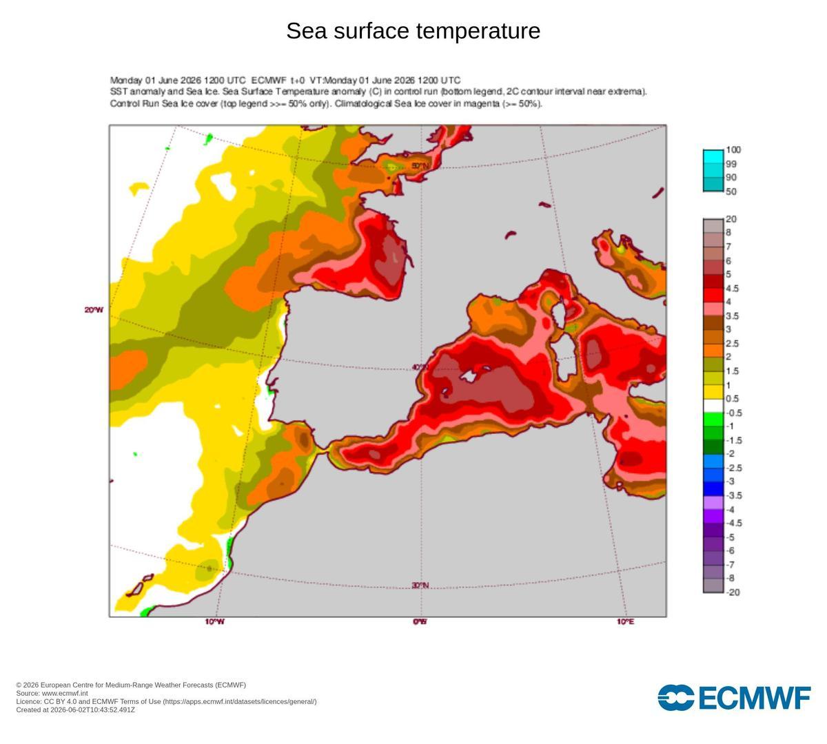 Anomalia càlida de la temperatura superficial del mar al Mediterrani occidental l’1 de juny del 2026, segons l’ECMWF.