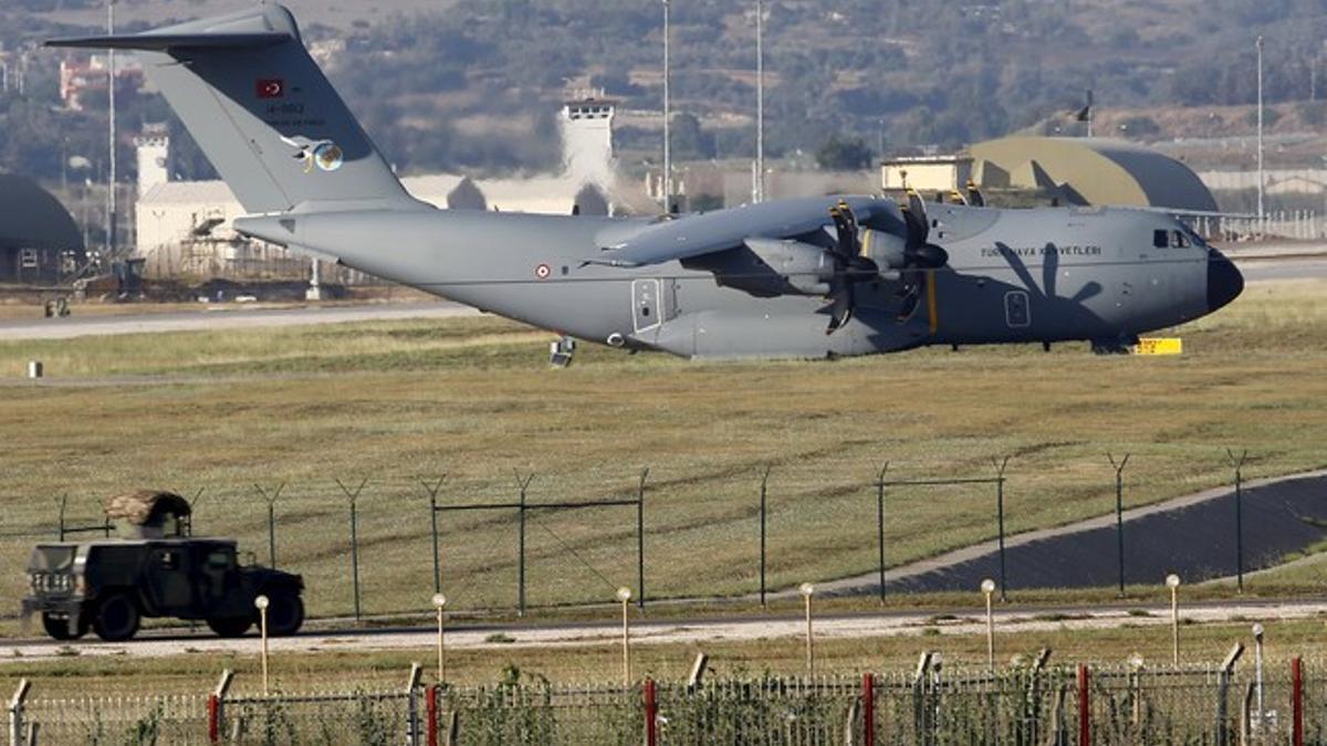A Turkish Air Force A400M tactical transport aircraft is parked at Incirlik airbase in the southern city of Adana, Turkey
