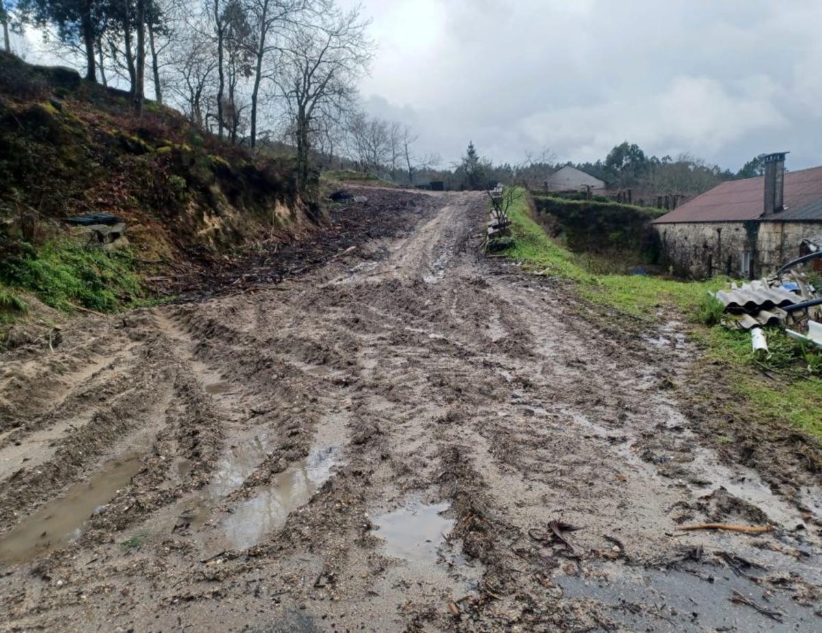 Daños en una vía municipal tras el trabajo de empresas madereras.