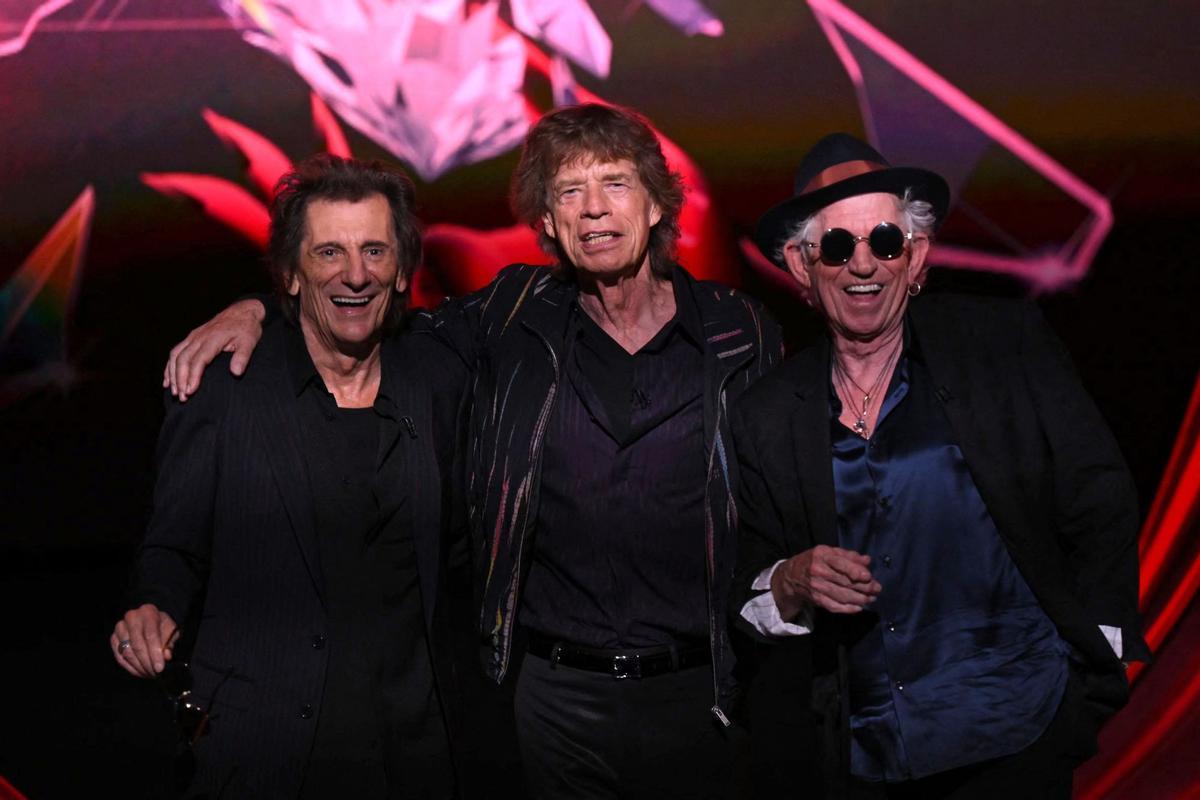 Ron Wood, Keith Richards y Mick Jagger de los Rolling Stones, en la presentación de su nuevo álbum, Hackney Diamonds, en Londres el 6 de septiembre de 2023.