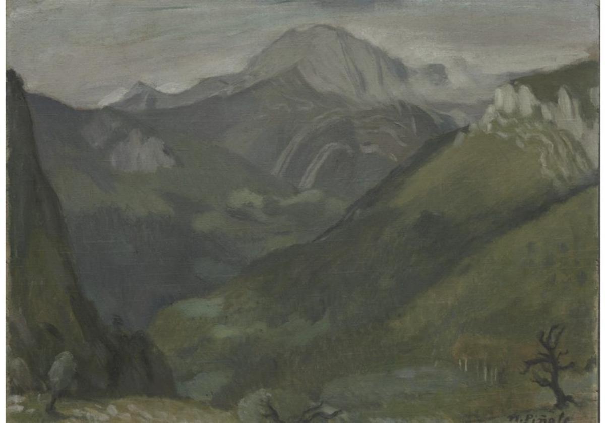 A la izquierda, arriba, el Tiatordos, en la colección Sabadell. Debajo, el cuadro ahora rebautizado con el nombre de «Viañu». A la derecha, arriba, «El Torito» o «Paisaje de Picos de Europa». Debajo, Peio H. Riaño, el jueves, durante su presentación del proyecto en  el Museo Nicanor Piñole.  | ÁNGEL GONZÁLEZ