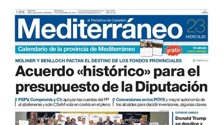 Acuerdo “histórico” para el presupuesto de la Diputación, en la portada de Mediterráneo