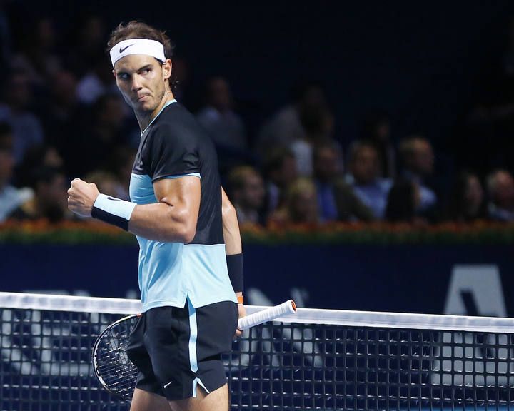 Nadal of Spain reacts during his match against Switzerland's Federer at the Swiss Indoors ATP men's tennis tournament in Basel