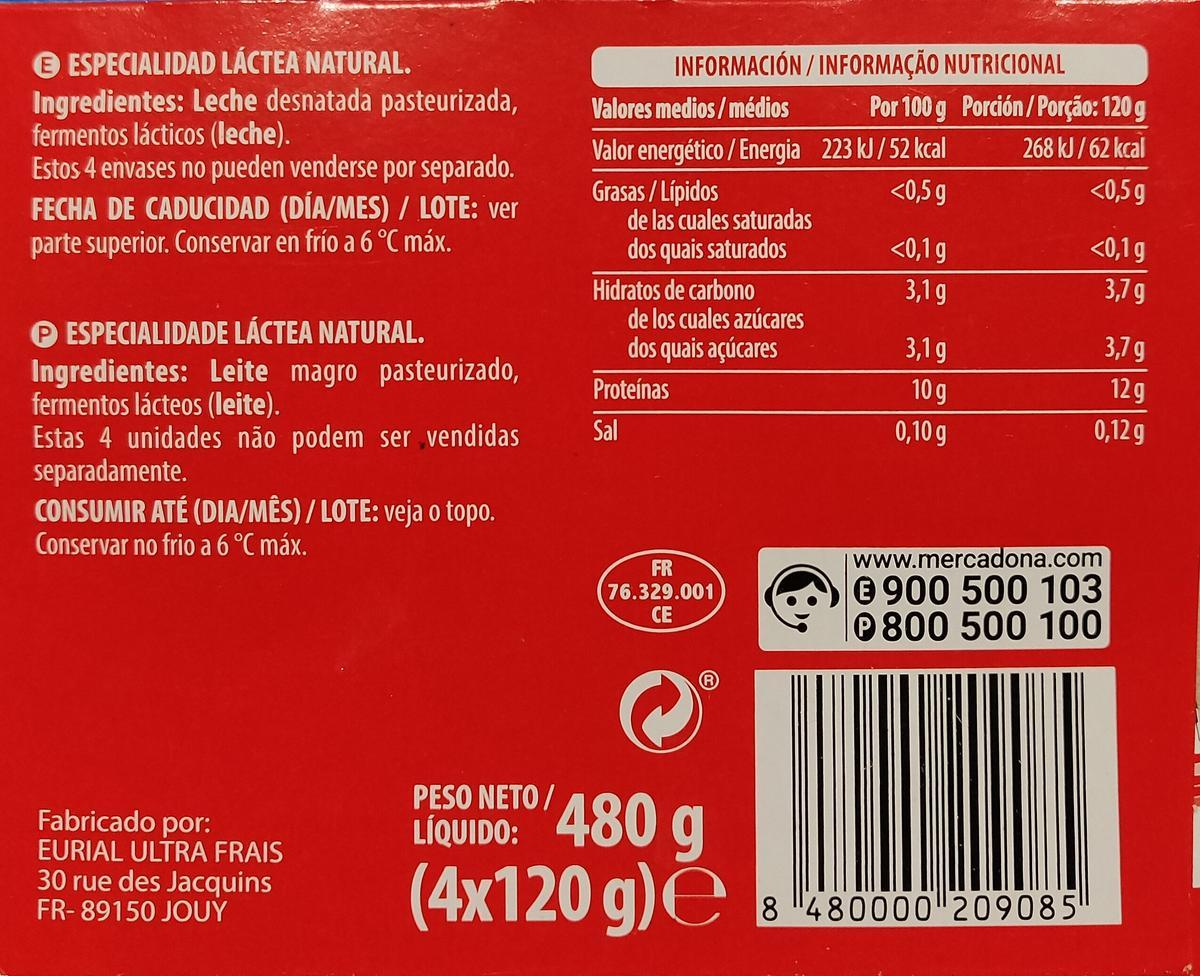 Información nutricional de los yogures +proteínas de Mercadona.