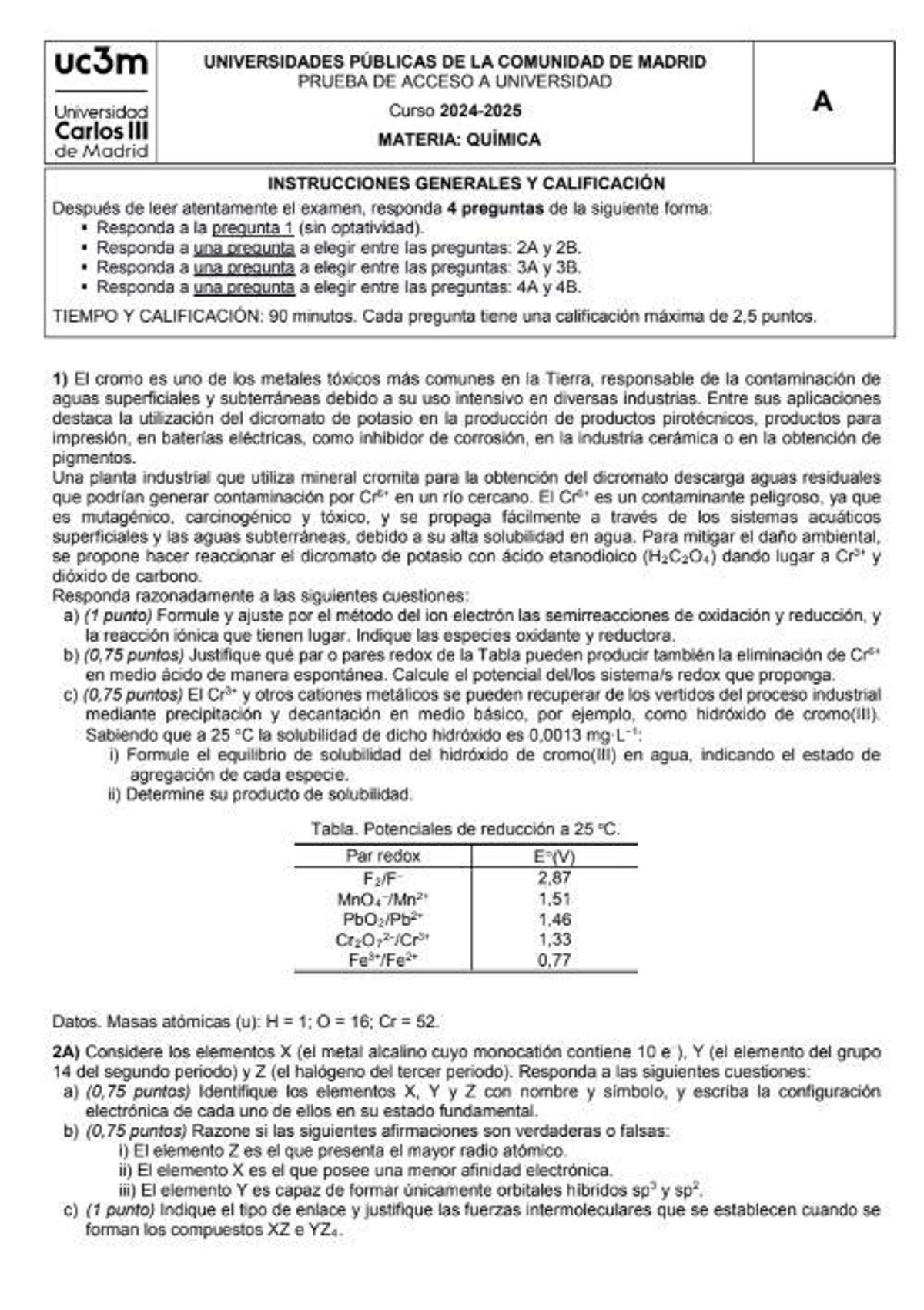 Examen de la PAU de Química de la convocatoria extraordinaria de Madrid
