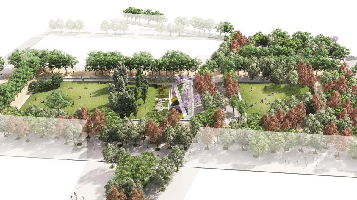 Render del conjunto del parque de las Tretze Roses, cuyas obras acaban de comenzar, en Sants-Montjuïc.