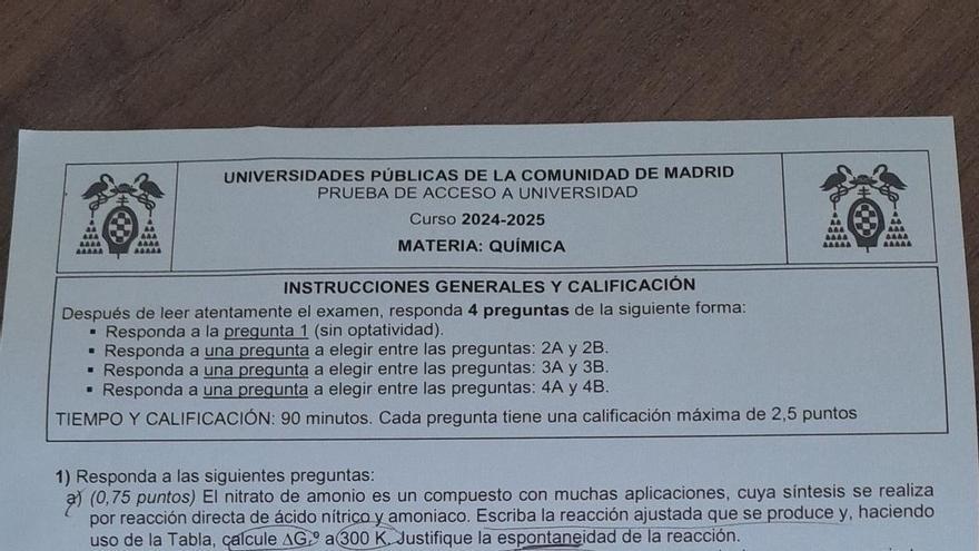 Examen de Química de la PAU en Madrid
