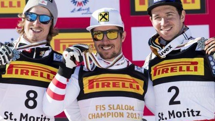 Feller, Hirscher i Neureuther, d&#039;esquerra a dreta, el podi de l&#039;eslàlom