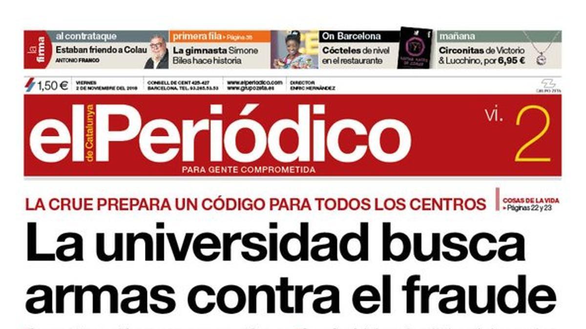 La portada de EL PERIÓDICO del 2 de noviembre del 2018