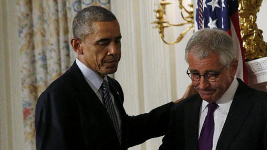 Obama y Hagel durante su comparecencia.