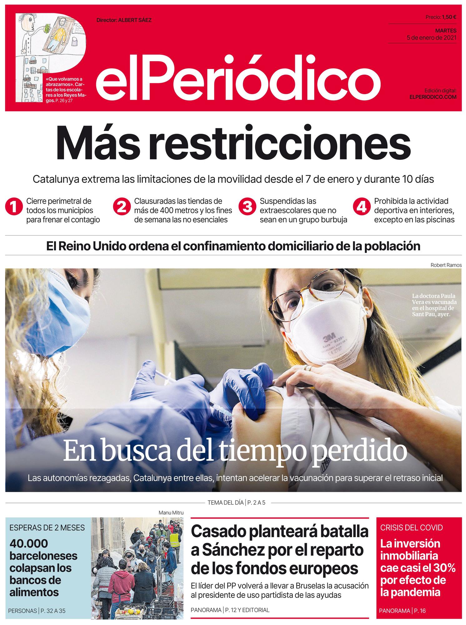 La portada de EL PERIÓDICO del 5 de enero del 2021.
