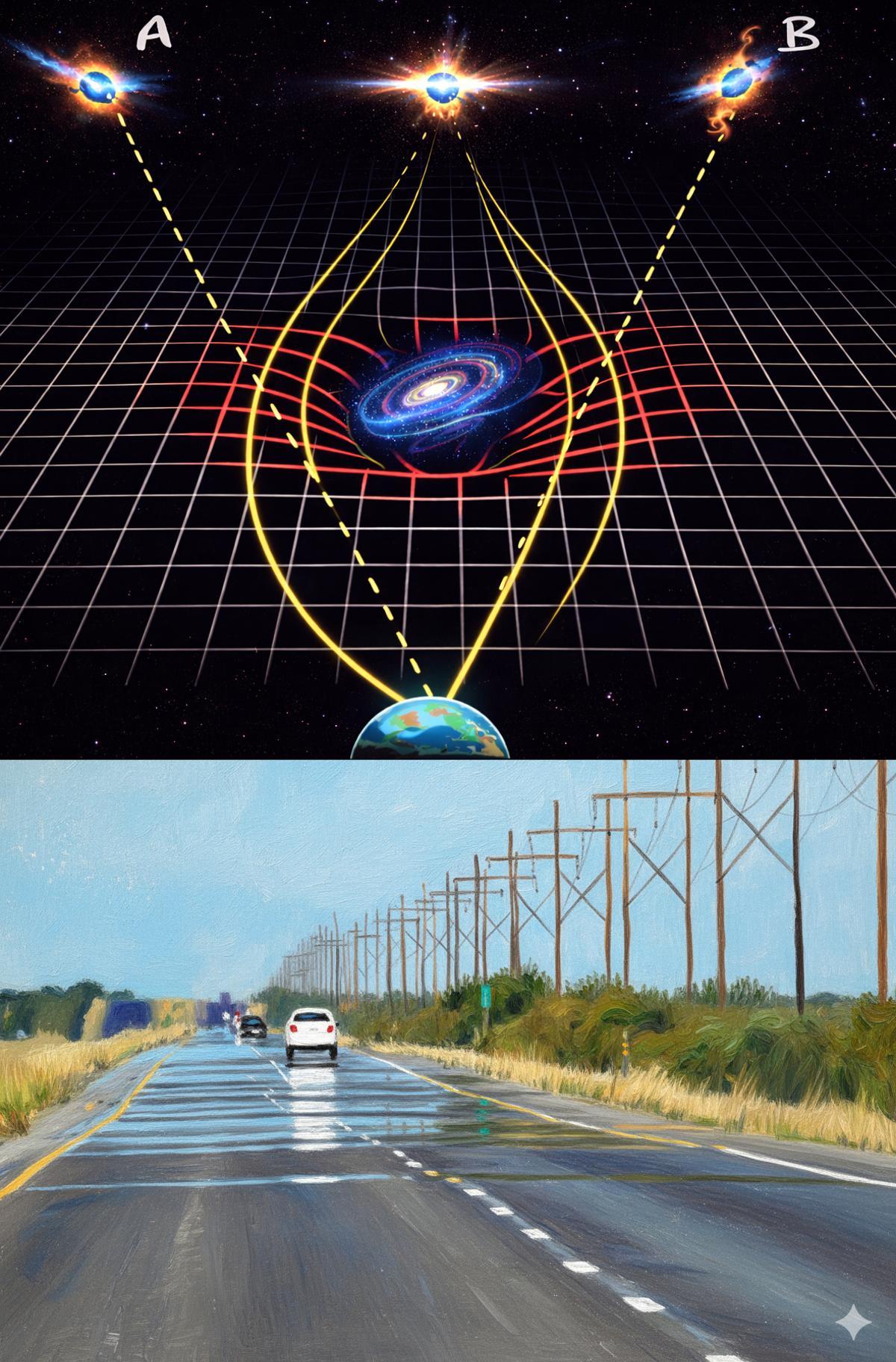 Ilustración del efecto lente gravitatorio ‘fuerte’. La galaxia central ejerce de “lupa” para que los rayos de luz procedentes del cuásar que tiene justo detrás se curven. Como consecuencia de esta curvatura, recibimos dos imágenes “espejismo” del cuásar: A y B.
